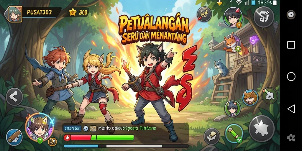 Screenshot gameplay PUSAT303 menampilkan karakter anime dalam pertempuran yang menegangkan.